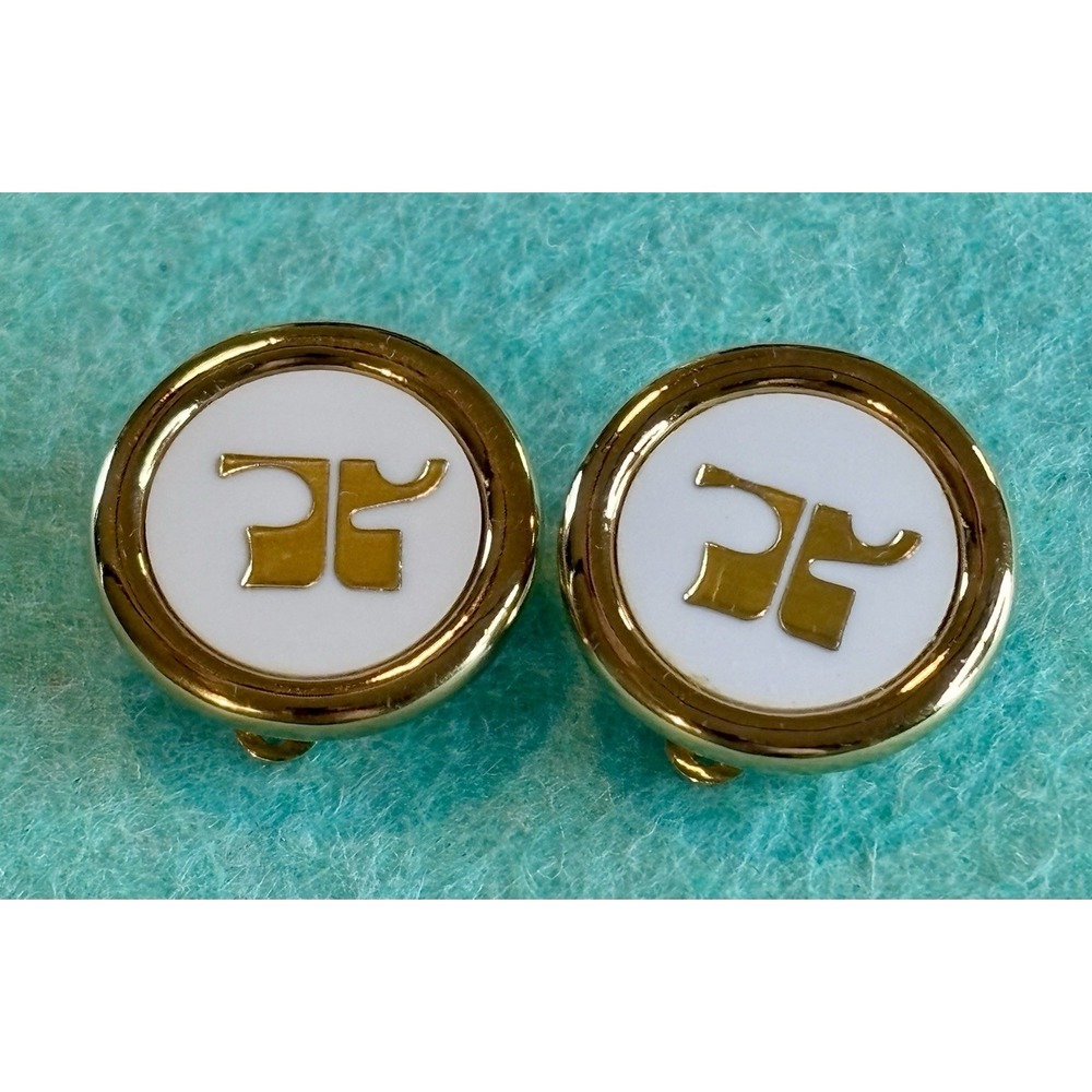Vintage Designer Courreges Paris Logo Clip On Earrings Gold Tone & White Enamel